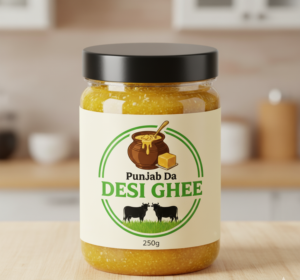 Jar of Punjab Da Desi Ghee on a kitchen counter
