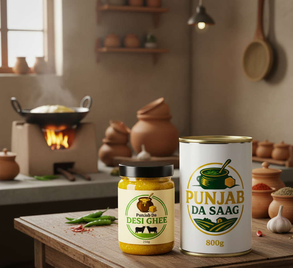 Punjab Da Desi Ghee and Punjab Da Saag products on a wooden table with a kitchen background.